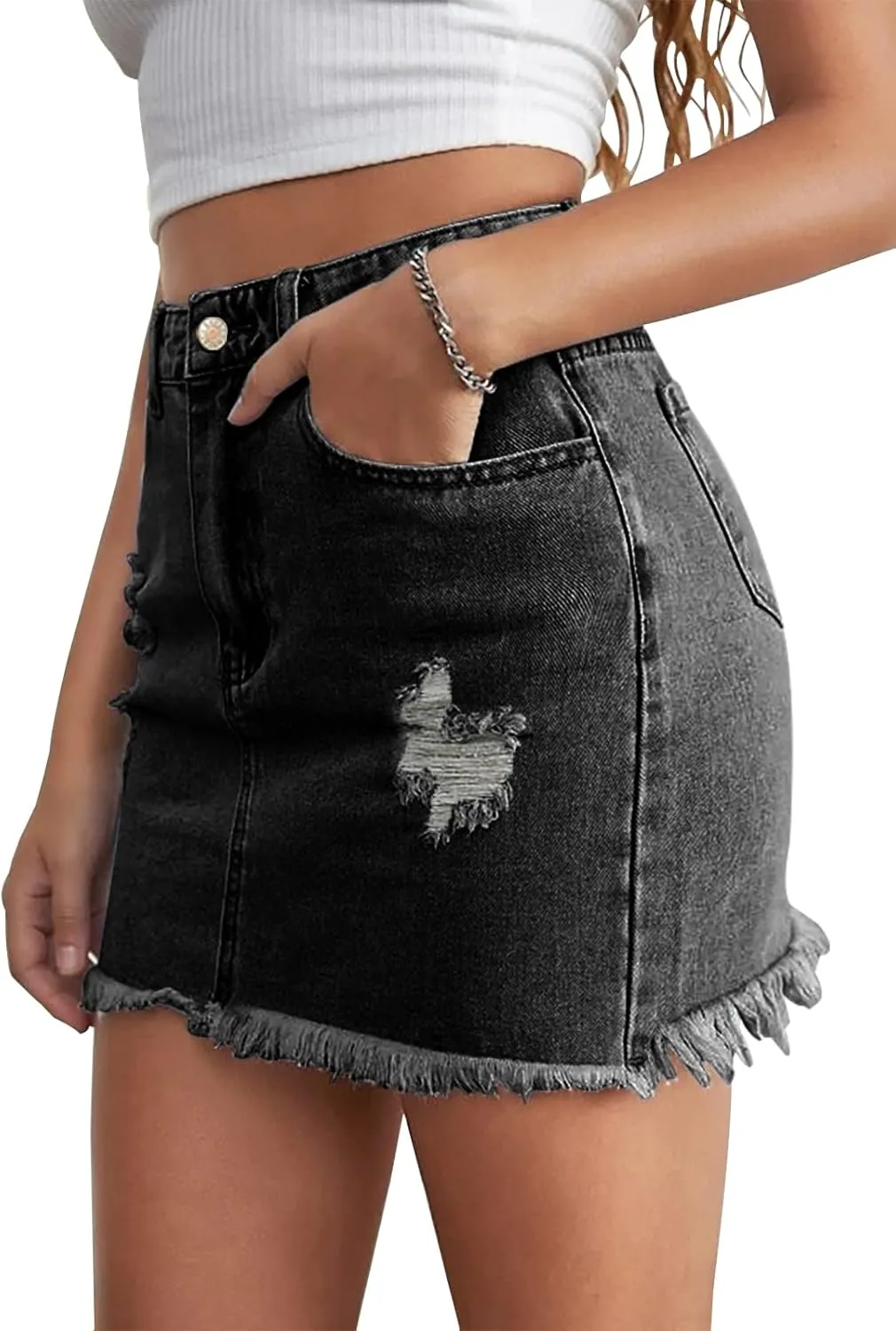 Womens Bodycon Denim Mini Skirt High Waist Casual Washed Frayed Stretchy Jean Skirts with Pocket for Women