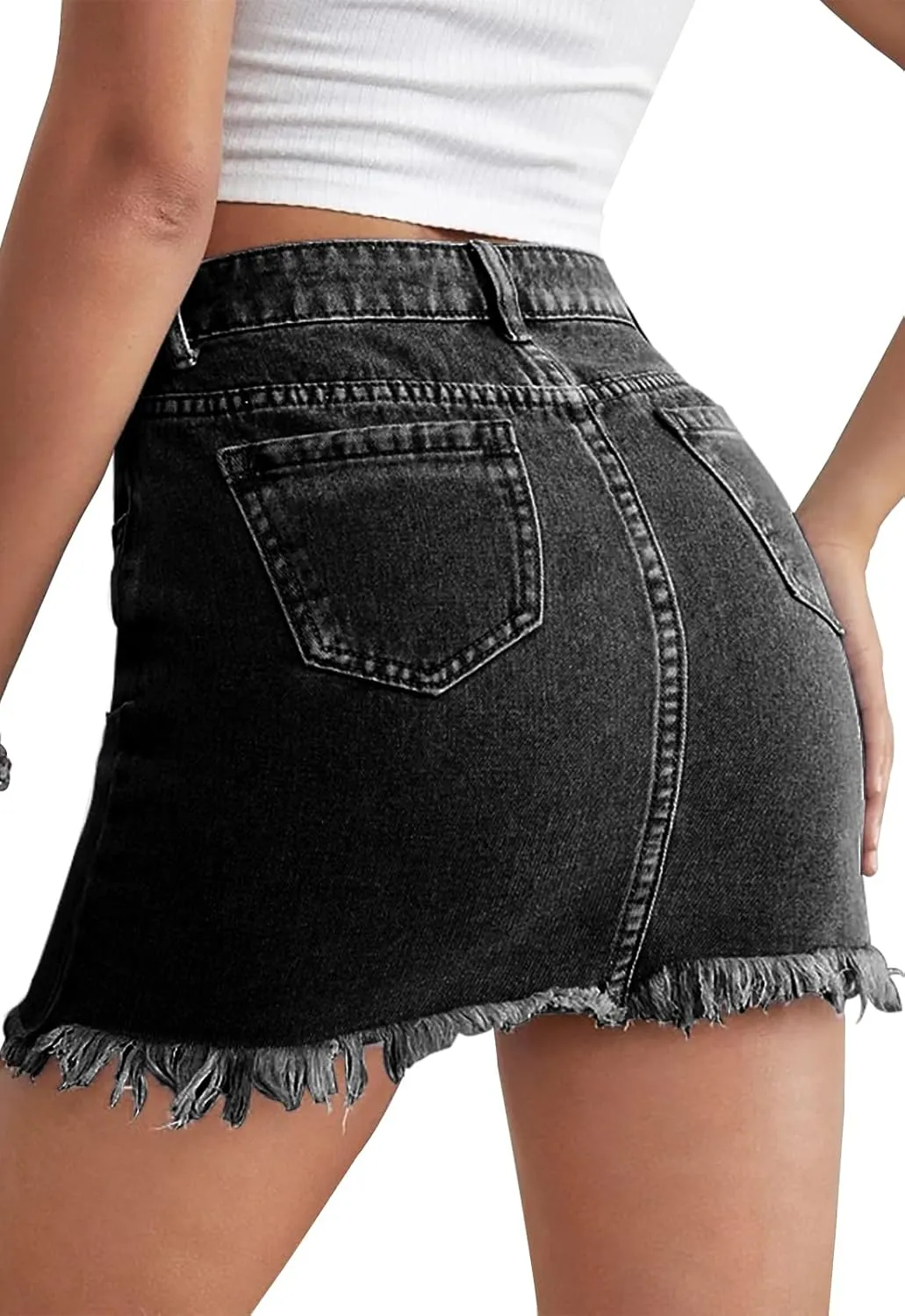 Womens Bodycon Denim Mini Skirt High Waist Casual Washed Frayed Stretchy Jean Skirts with Pocket for Women