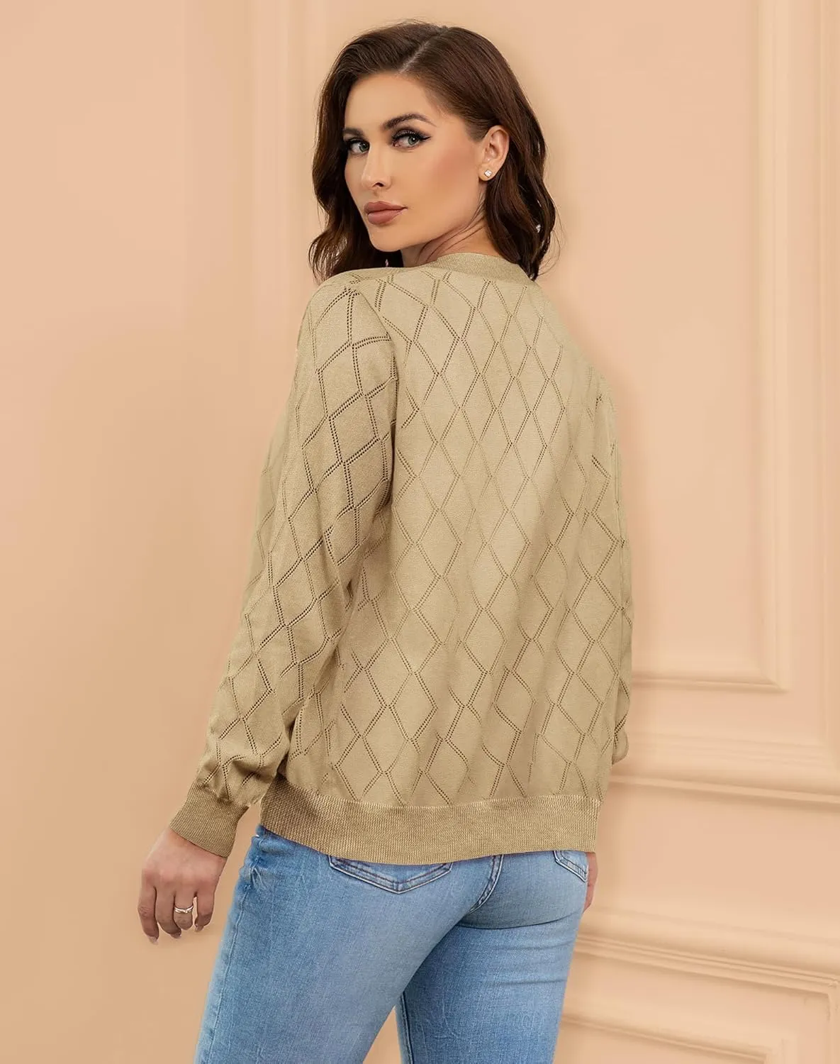 Women's Cardigan Sweaters Lightweight Open Front Long Sleeve Hollow Out (S-2X)