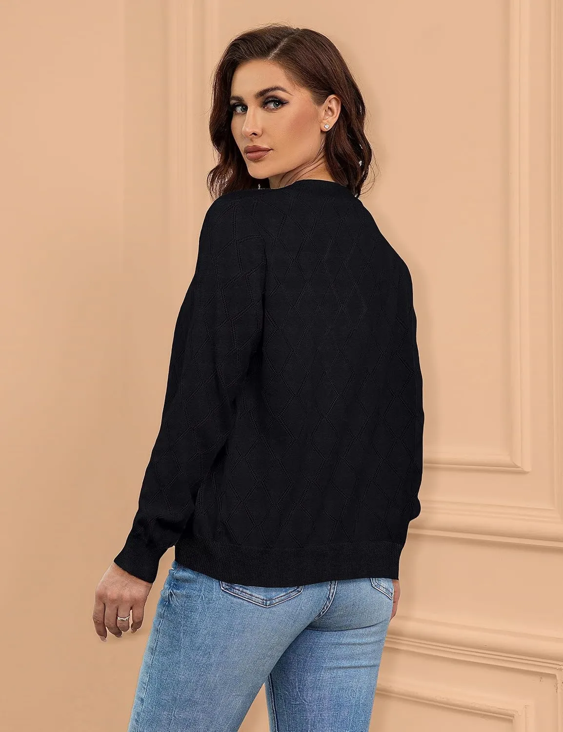 Women's Cardigan Sweaters Lightweight Open Front Long Sleeve Hollow Out (S-2X)