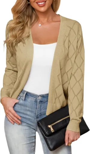 Women's Cardigan Sweaters Lightweight Open Front Long Sleeve Hollow Out (S-2X)