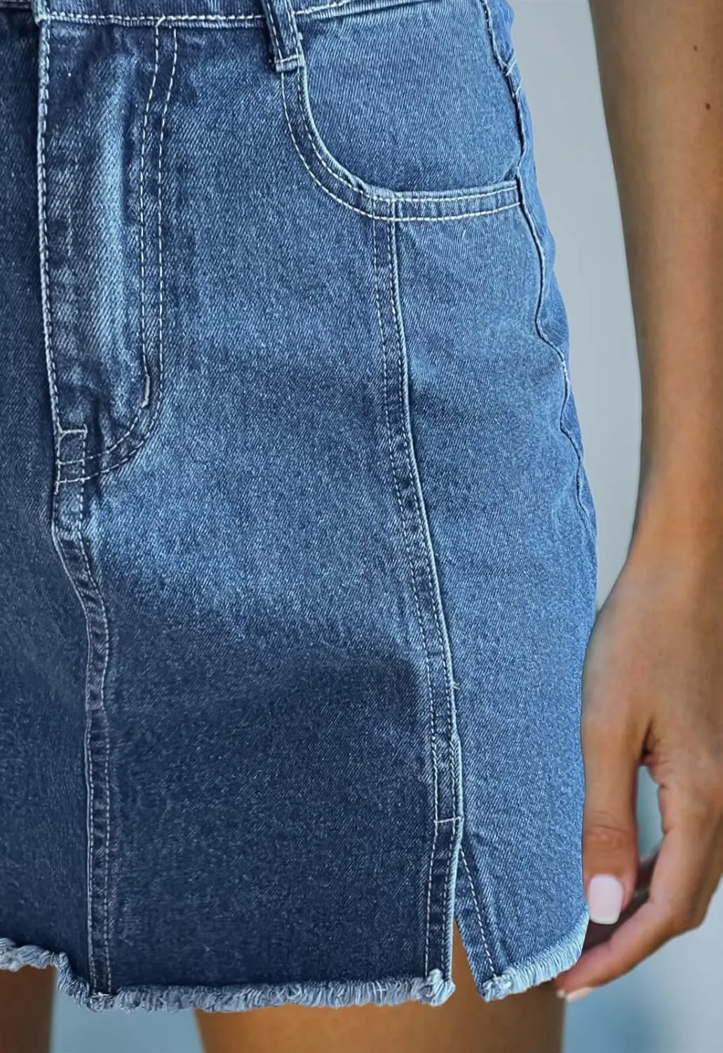 Womens Denim Mini Skirt High Waist Casual Split Hem Washed Frayed A-line Jean Skirts with Pocket for Women