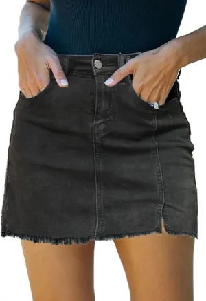 Womens Denim Mini Skirt High Waist Casual Split Hem Washed Frayed A-line Jean Skirts with Pocket for Women