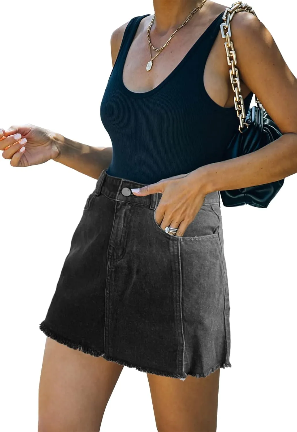 Womens Denim Mini Skirt High Waist Casual Split Hem Washed Frayed A-line Jean Skirts with Pocket for Women