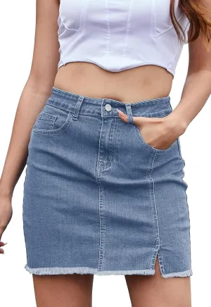 Womens Denim Mini Skirt High Waist Casual Split Hem Washed Frayed A-line Jean Skirts with Pocket for Women