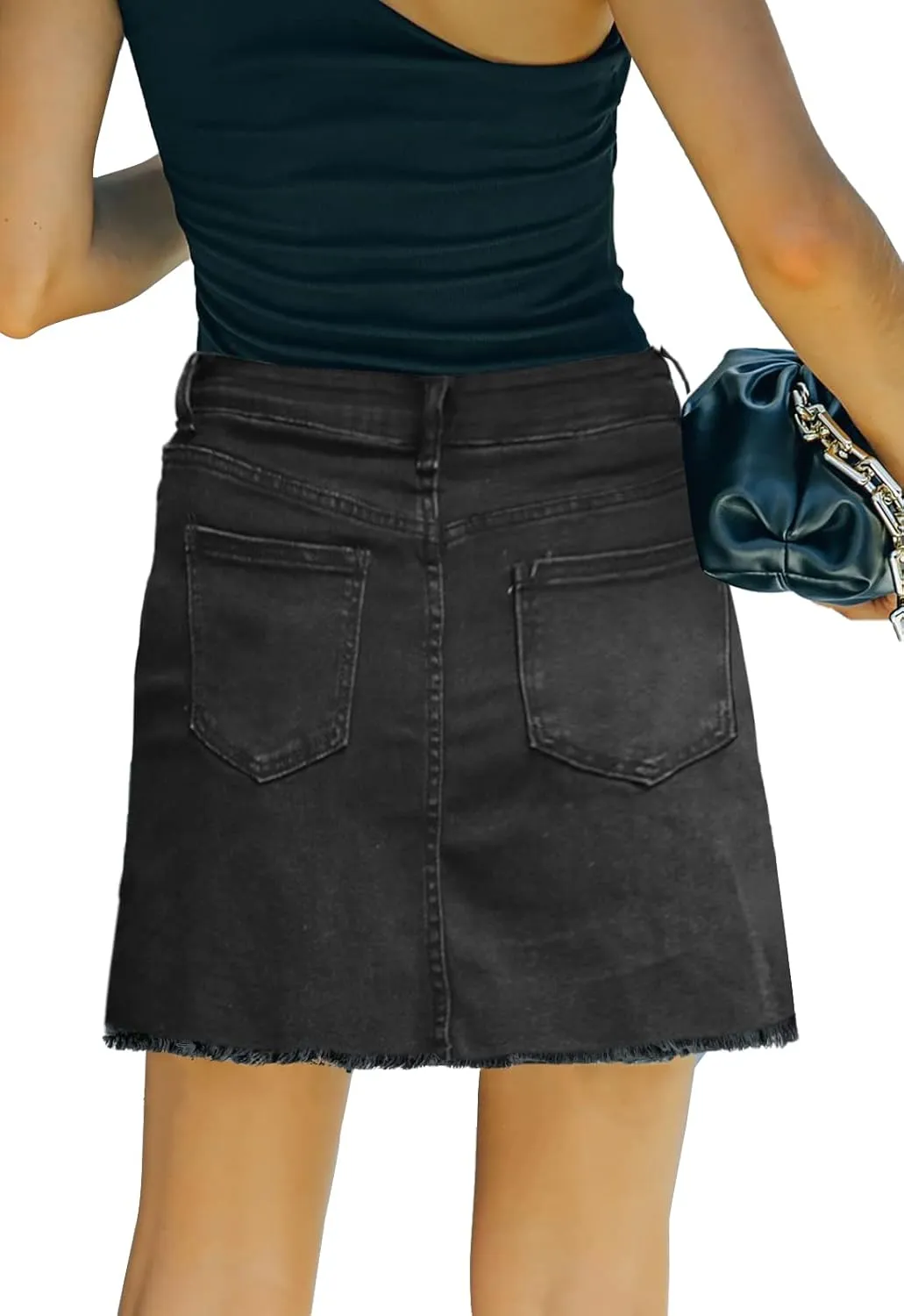 Womens Denim Mini Skirt High Waist Casual Split Hem Washed Frayed A-line Jean Skirts with Pocket for Women