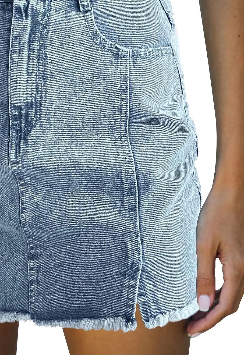 Womens Denim Mini Skirt High Waist Casual Split Hem Washed Frayed A-line Jean Skirts with Pocket for Women