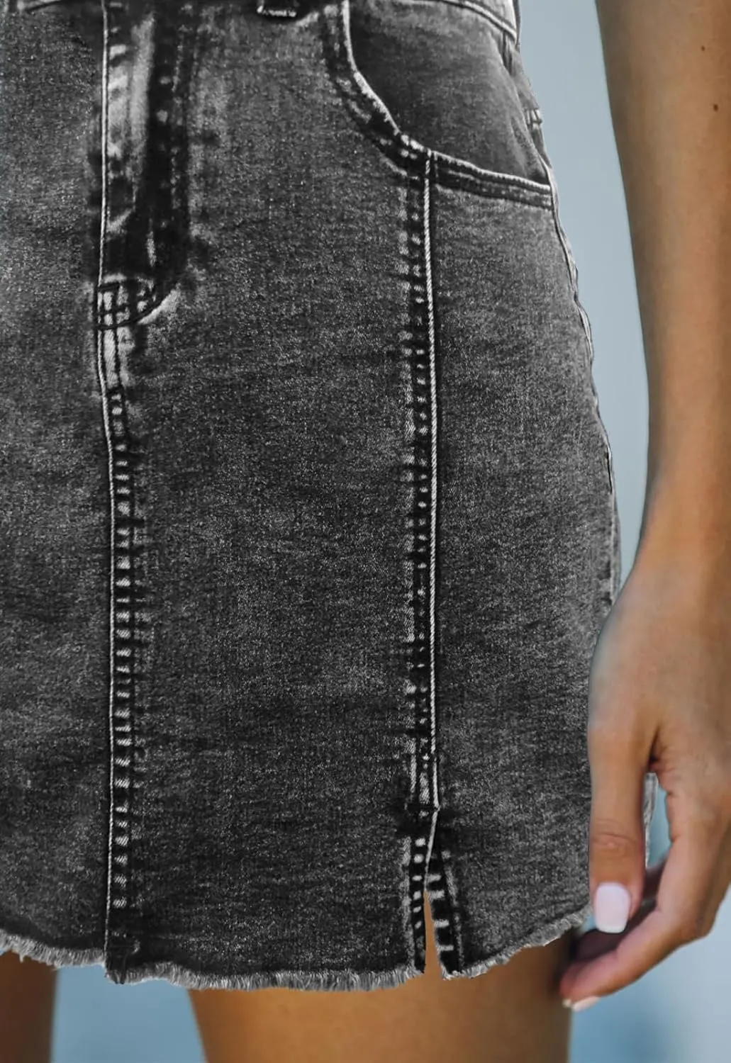 Womens Denim Mini Skirt High Waist Casual Split Hem Washed Frayed A-line Jean Skirts with Pocket for Women
