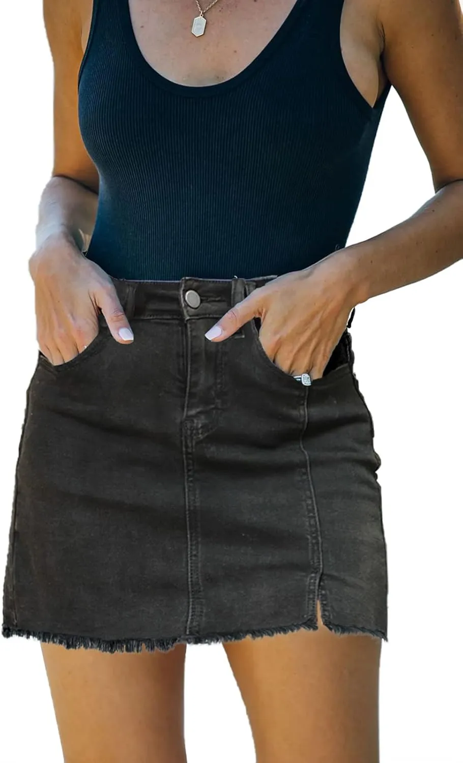 Womens Denim Mini Skirt High Waist Casual Split Hem Washed Frayed A-line Jean Skirts with Pocket for Women