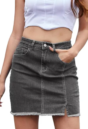 Womens Denim Mini Skirt High Waist Casual Split Hem Washed Frayed A-line Jean Skirts with Pocket for Women