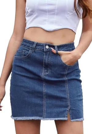 Womens Denim Mini Skirt High Waist Casual Split Hem Washed Frayed A-line Jean Skirts with Pocket for Women