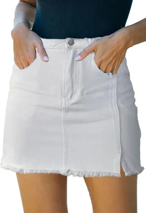 Womens Denim Mini Skirt High Waist Casual Split Hem Washed Frayed A-line Jean Skirts with Pocket for Women