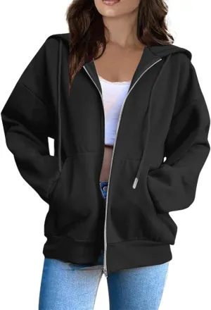 Womens Fashion Hoodies Zipper Oversized Loose Fit Long Sleeve Solid Jackets Soft Sweatshirts