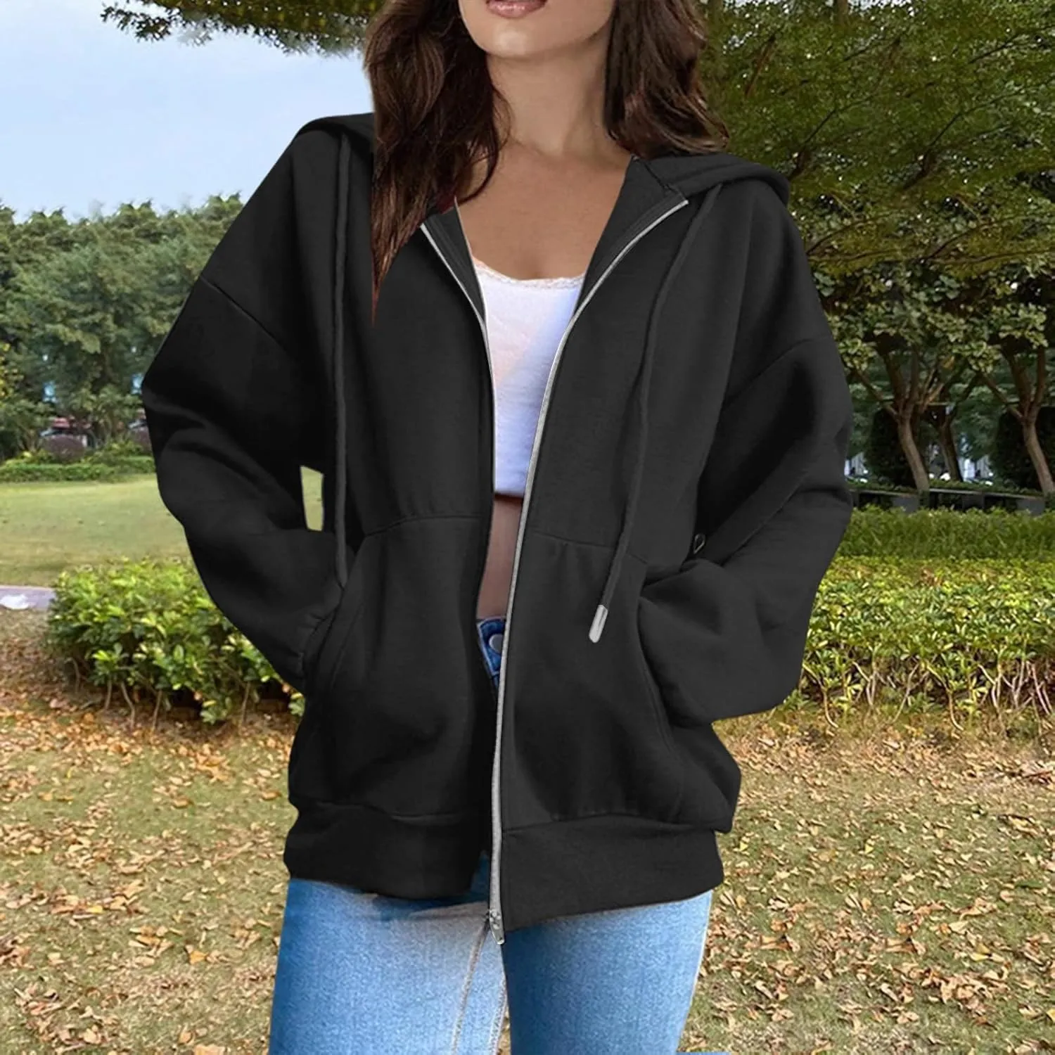Womens Fashion Hoodies Zipper Oversized Loose Fit Long Sleeve Solid Jackets Soft Sweatshirts