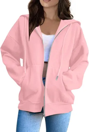 Womens Fashion Hoodies Zipper Oversized Loose Fit Long Sleeve Solid Jackets Soft Sweatshirts
