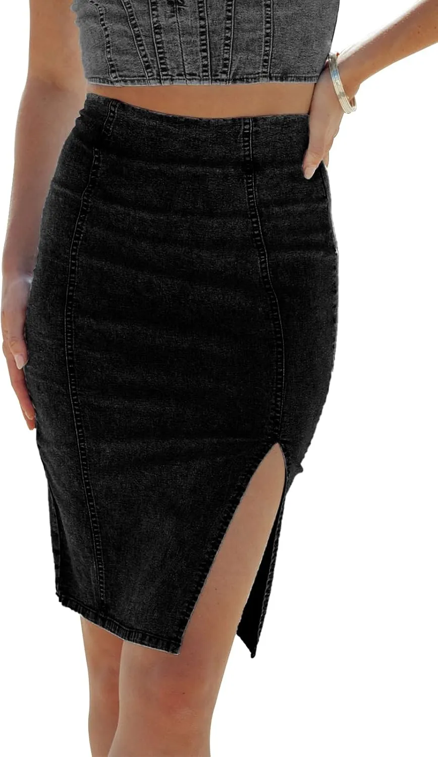 Womens High Waist Casual Washed Frayed Stretchy Jean Skirts for Women