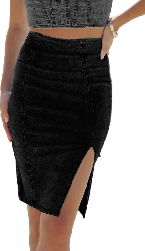Womens High Waist Casual Washed Frayed Stretchy Jean Skirts for Women