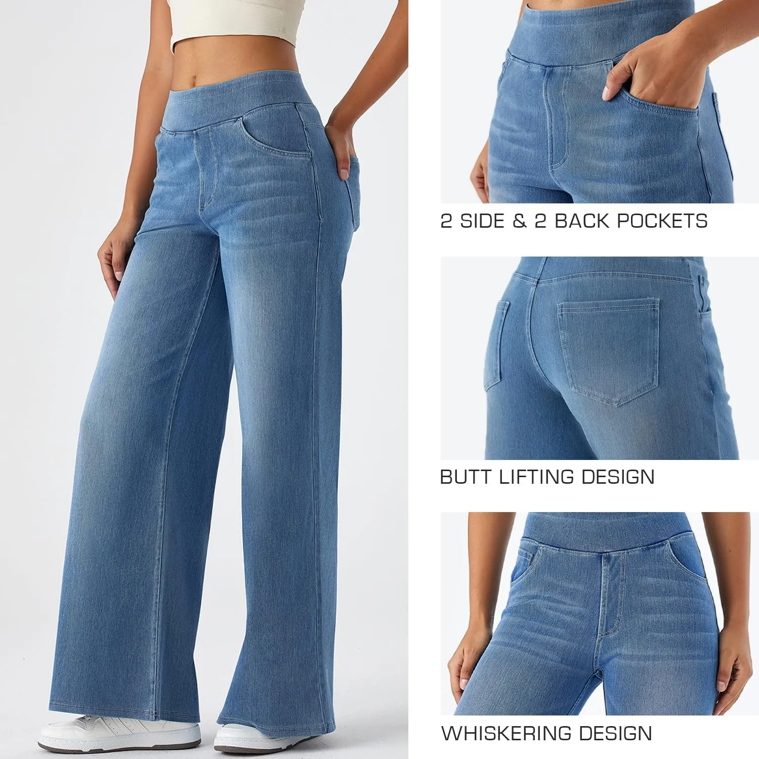 Women's High Waisted Wide Leg Jeggings  Stretch Denim Pull On Flare Jeans with Pockets Casual Comfy Pants