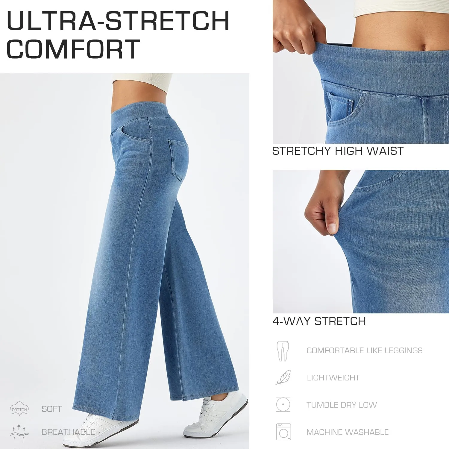 Women's High Waisted Wide Leg Jeggings  Stretch Denim Pull On Flare Jeans with Pockets Casual Comfy Pants