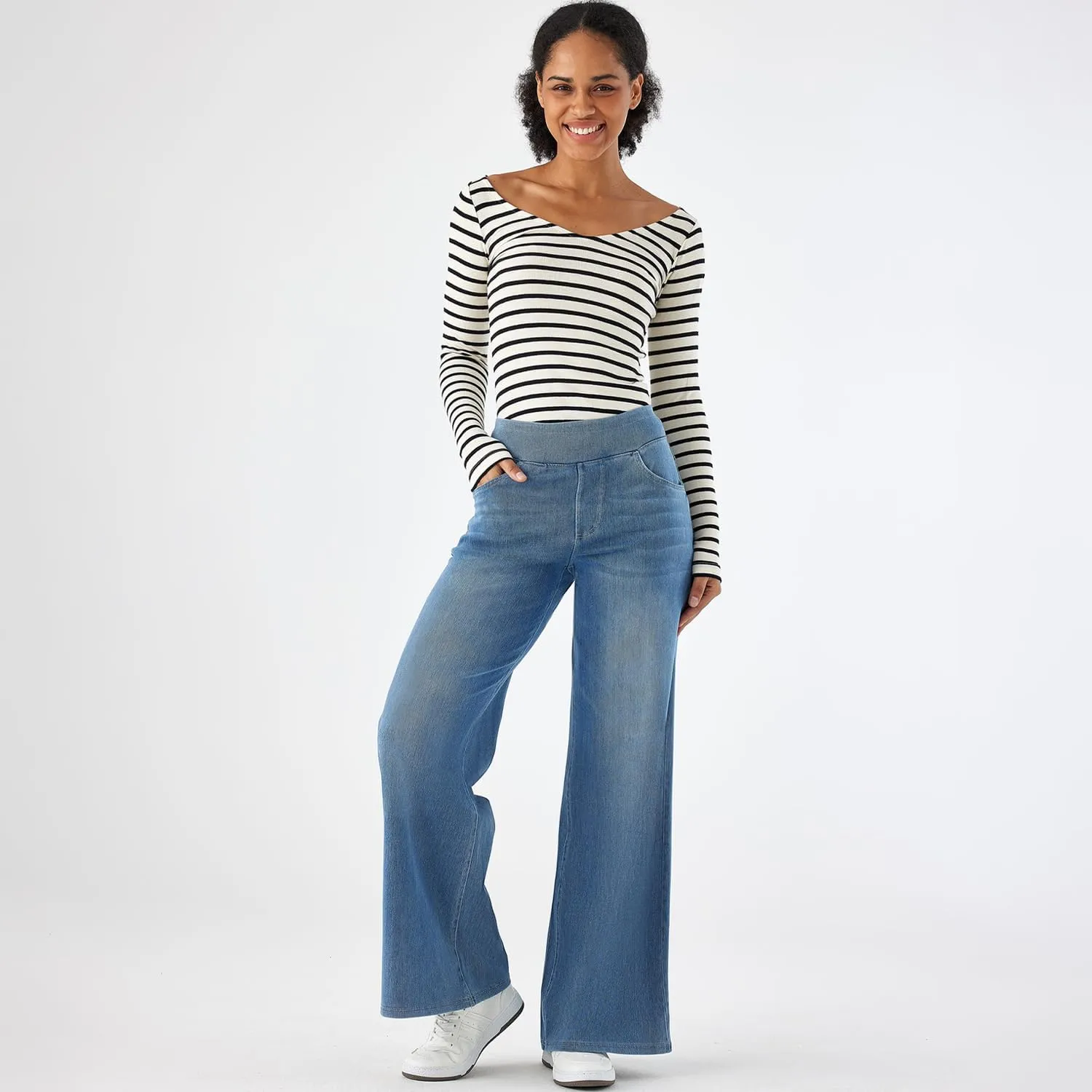 Women's High Waisted Wide Leg Jeggings  Stretch Denim Pull On Flare Jeans with Pockets Casual Comfy Pants