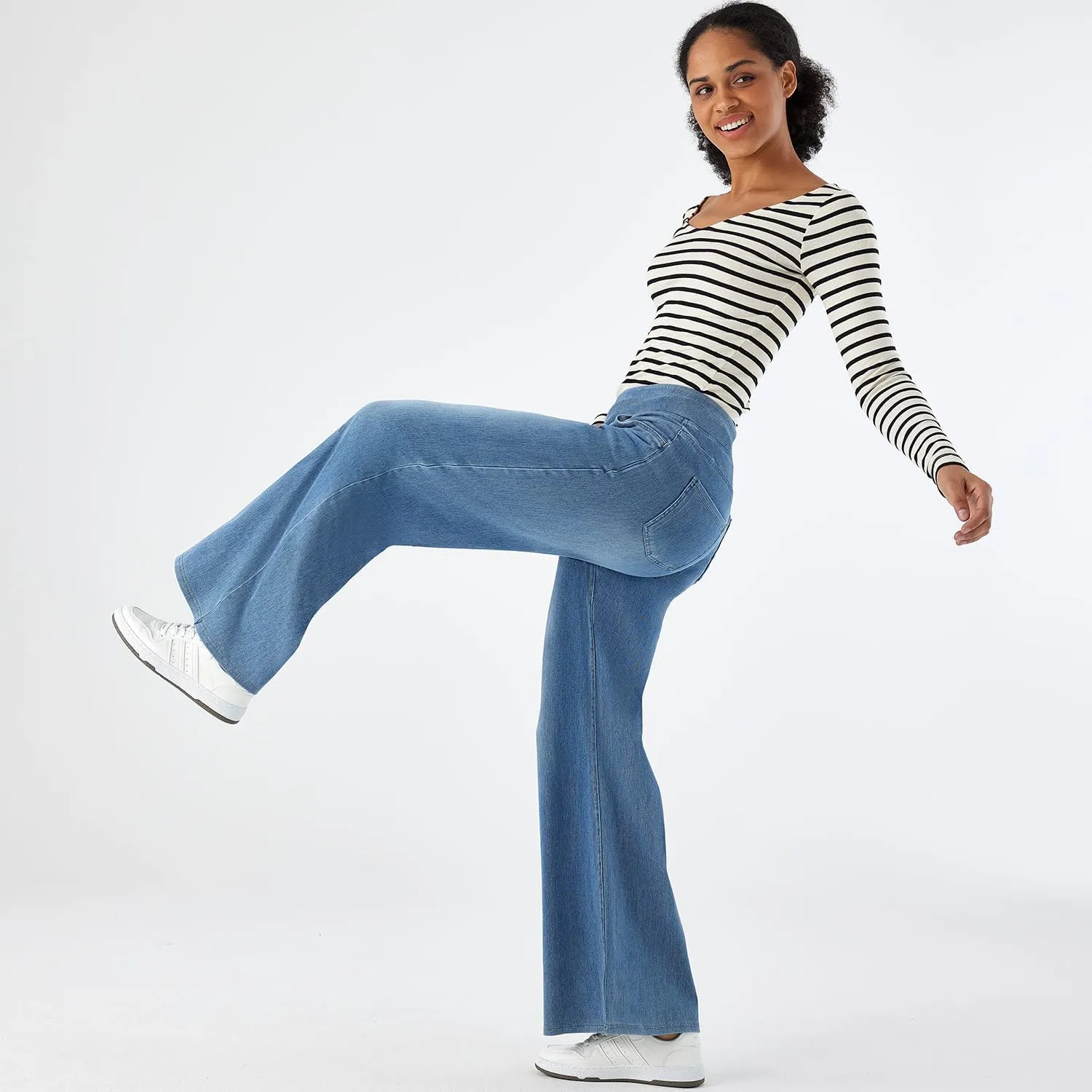 Women's High Waisted Wide Leg Jeggings  Stretch Denim Pull On Flare Jeans with Pockets Casual Comfy Pants