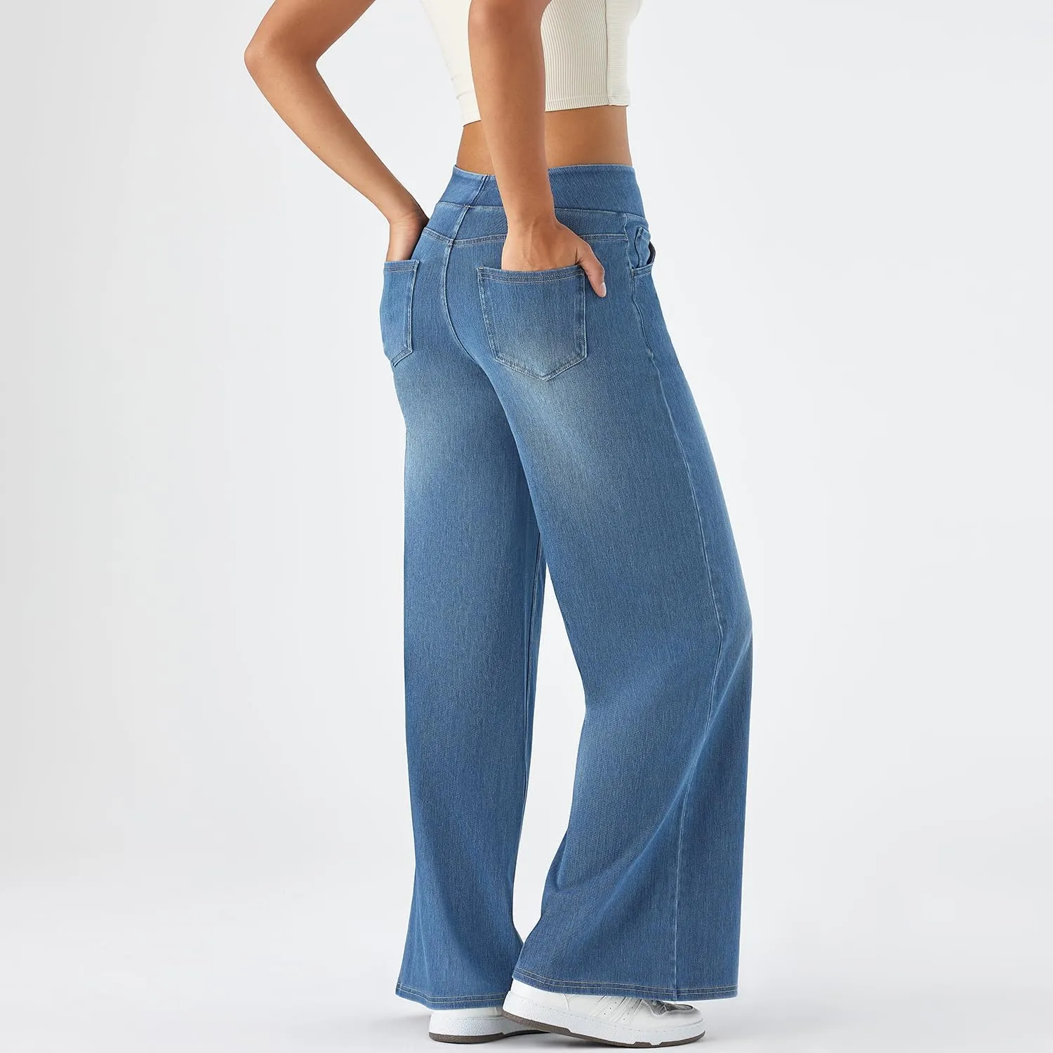 Women's High Waisted Wide Leg Jeggings  Stretch Denim Pull On Flare Jeans with Pockets Casual Comfy Pants