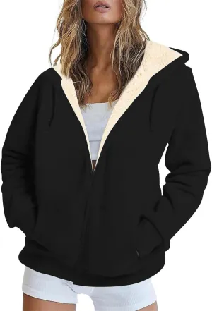 Womens Hoodies Zip Up Sherpa Lined Fleece Warm Jackets Cute Zip Up Sweatshirt Hooded Cardigan Winter Coats With Pocket