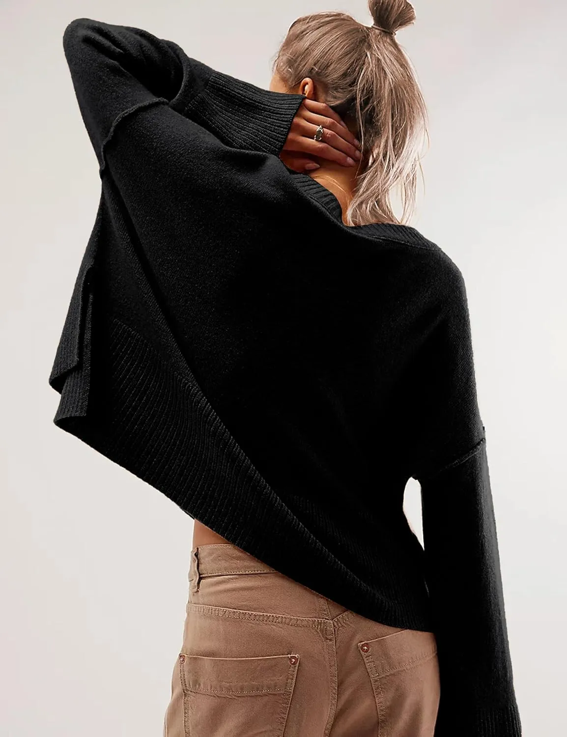 Womens Lightweight Sweaters Crewneck Bell-Style Sleeve Batwing Knit Tops Slouchy Soft Pullover Jumpers