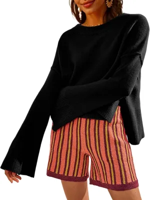Womens Lightweight Sweaters Crewneck Bell-Style Sleeve Batwing Knit Tops Slouchy Soft Pullover Jumpers