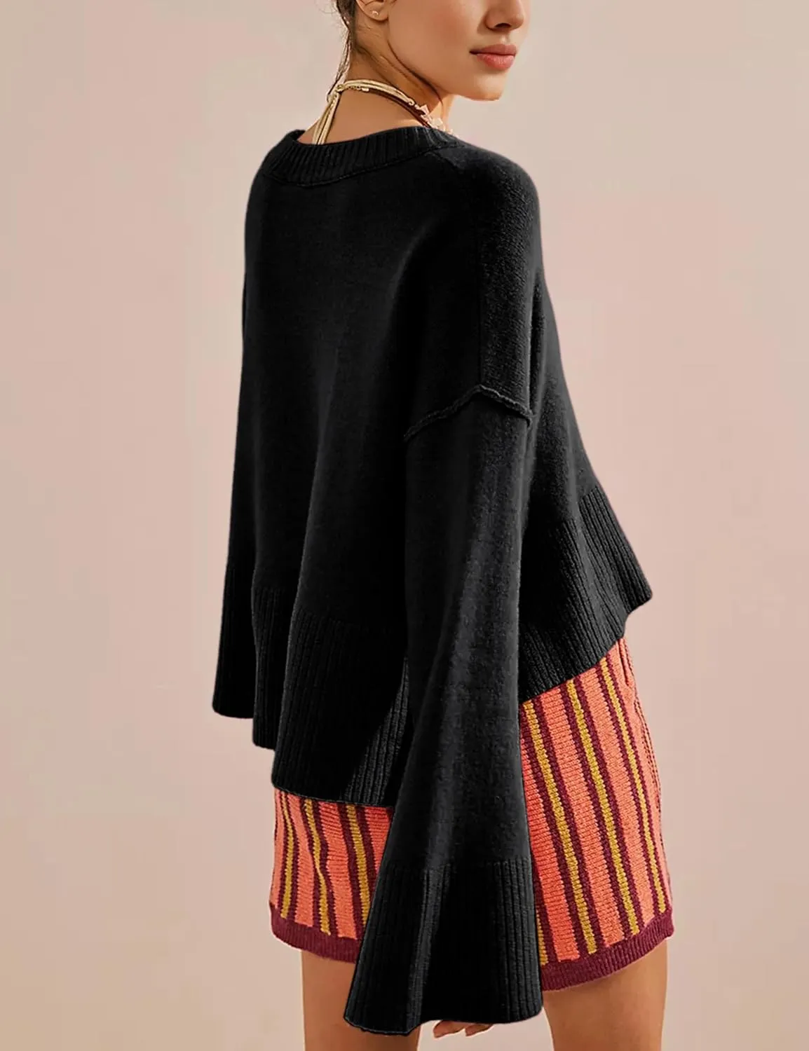 Womens Lightweight Sweaters Crewneck Bell-Style Sleeve Batwing Knit Tops Slouchy Soft Pullover Jumpers