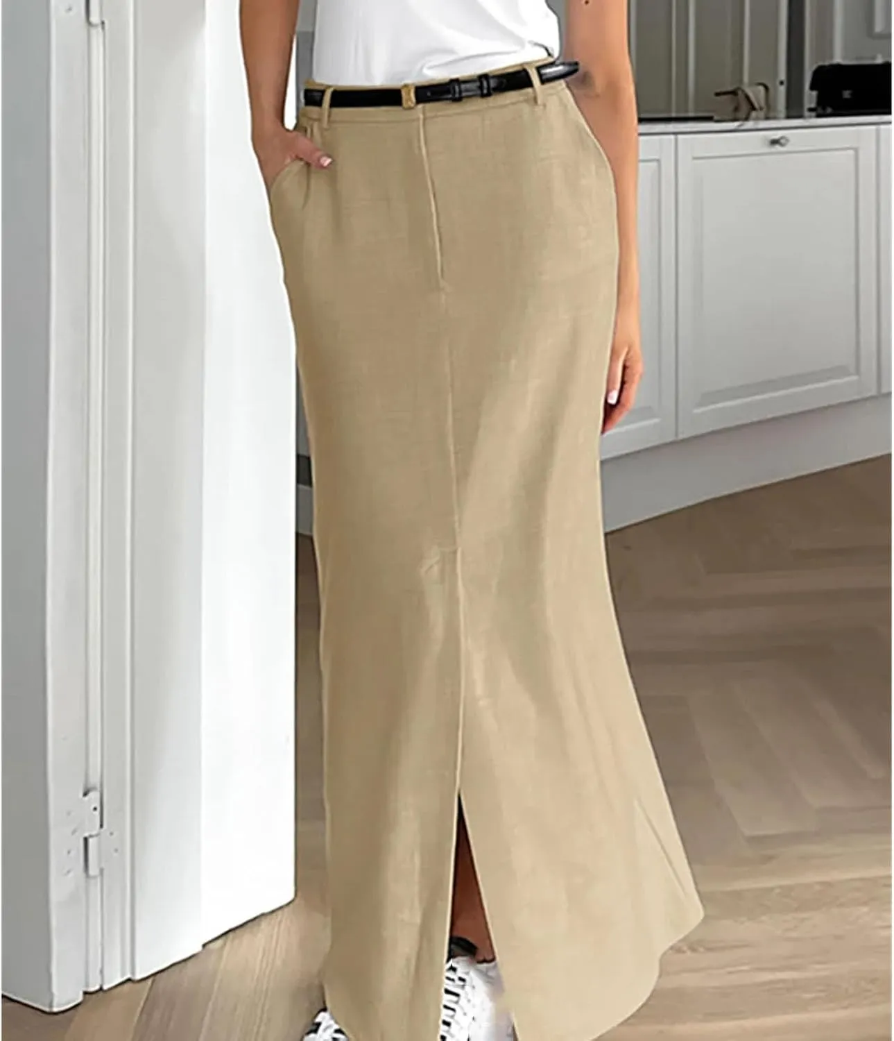 Women's Long Cotton and Linen Elegant Casual Fishtail Pencil Skirt