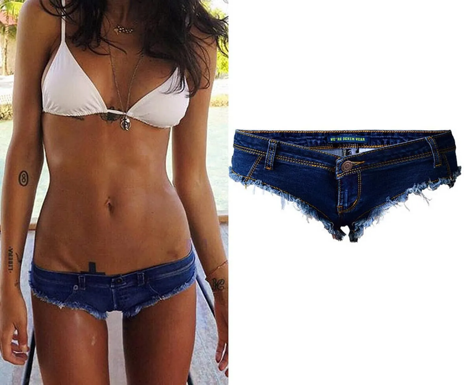 Women's Low Rise Stretch Denim Bra Chain Briefs Party Girls Hot Pants