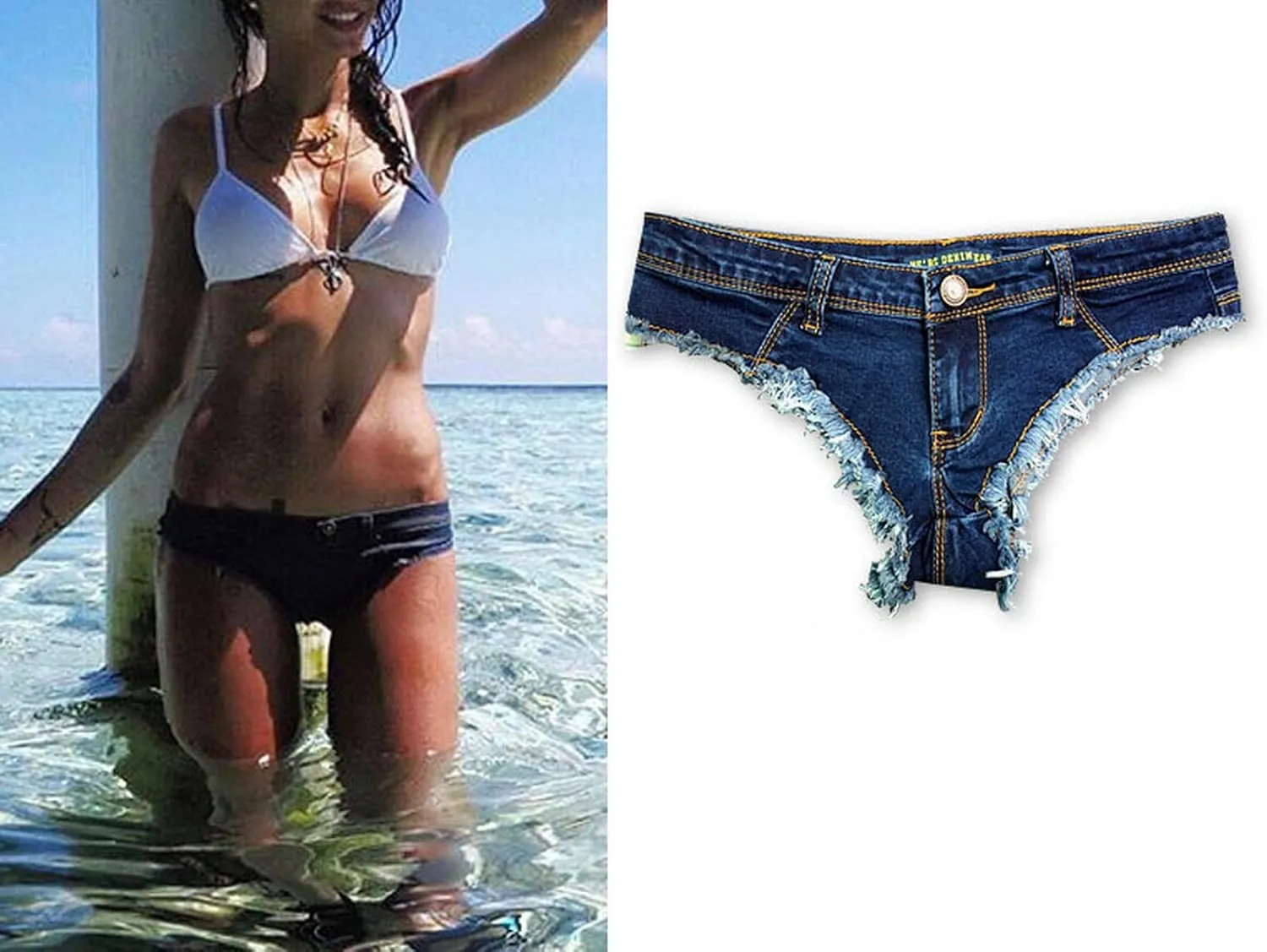 Women's Low Rise Stretch Denim Bra Chain Briefs Party Girls Hot Pants