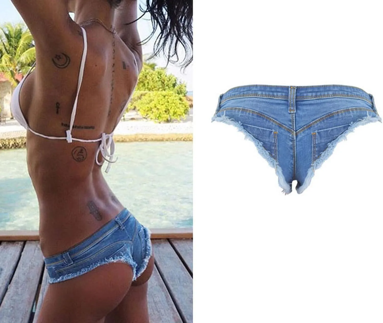 Women's Low Rise Stretch Denim Bra Chain Briefs Party Girls Hot Pants