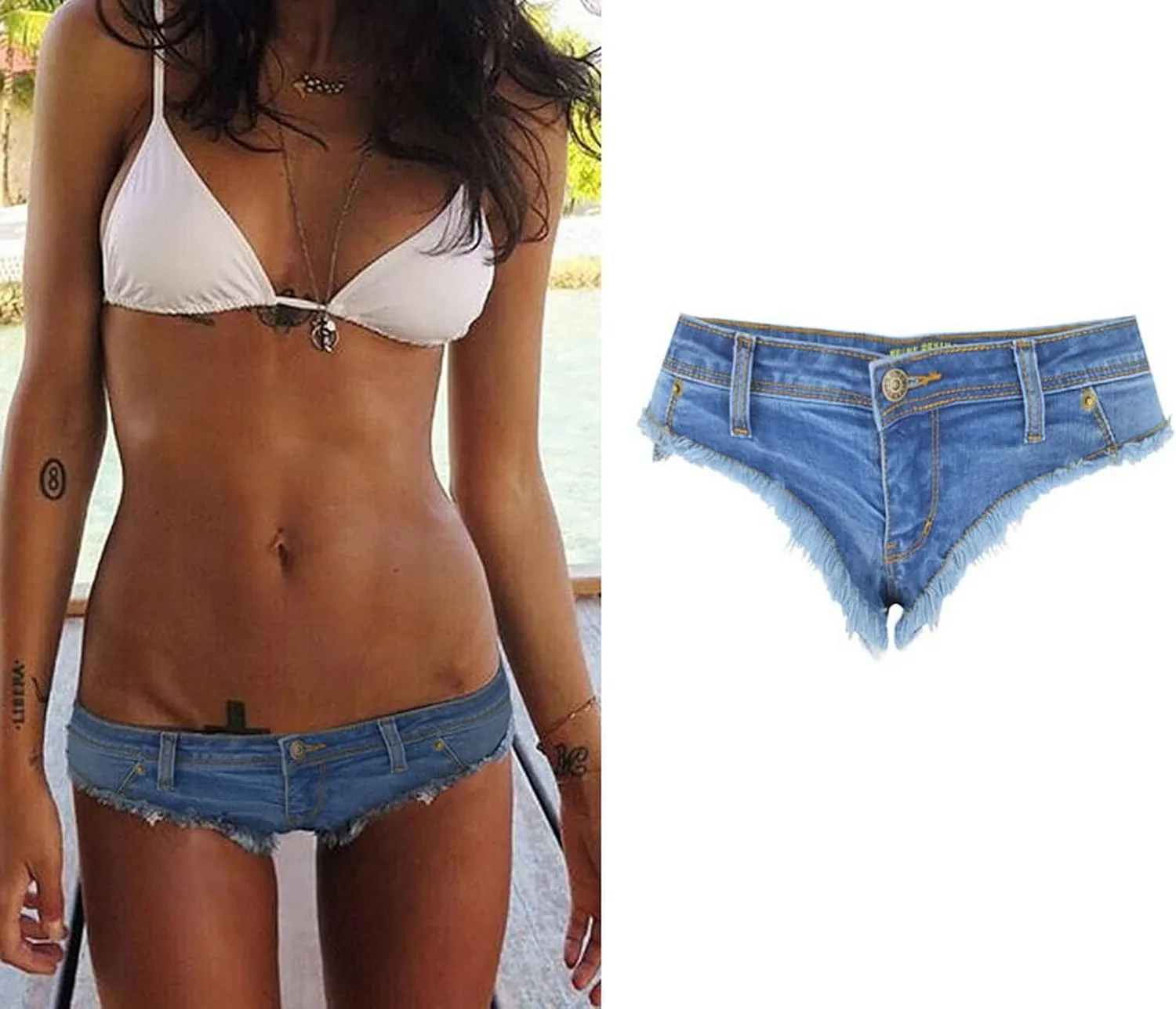 Women's Low Rise Stretch Denim Bra Chain Briefs Party Girls Hot Pants