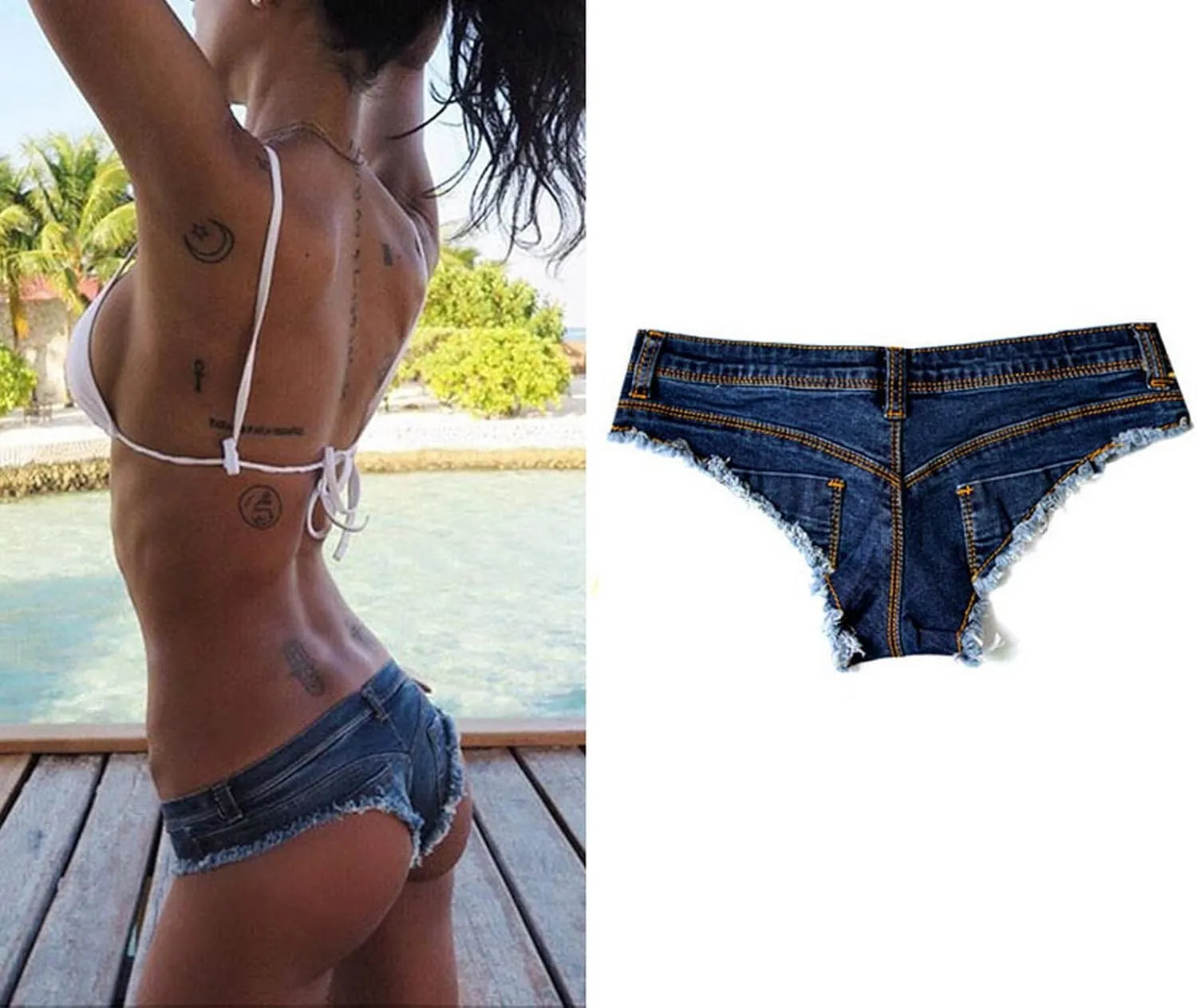 Women's Low Rise Stretch Denim Bra Chain Briefs Party Girls Hot Pants