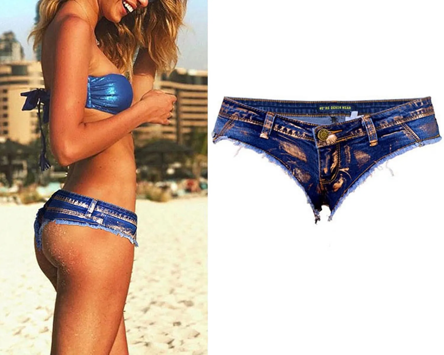 Women's Low Rise Stretch Denim Bra Chain Briefs Party Girls Hot Pants