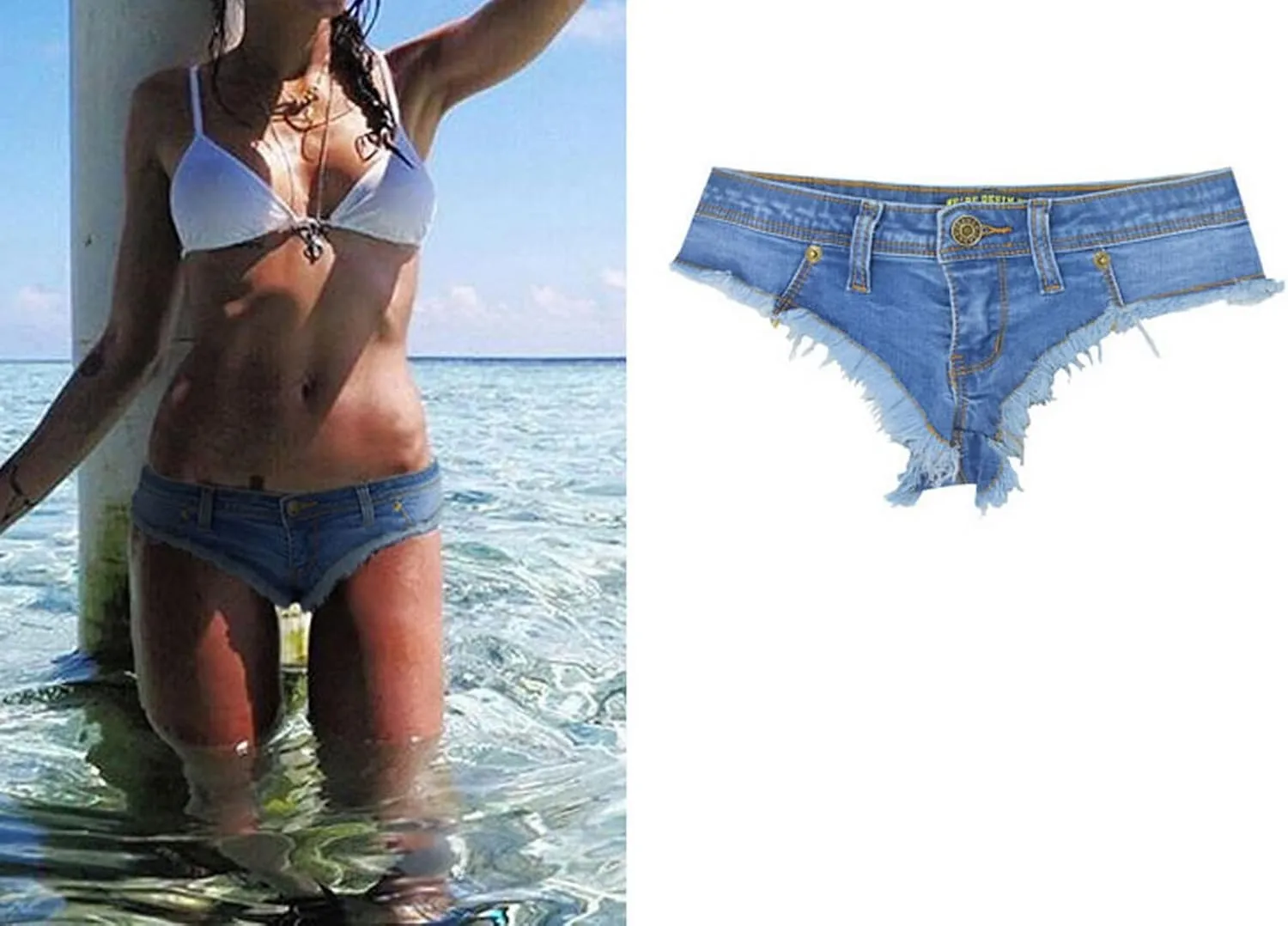 Women's Low Rise Stretch Denim Bra Chain Briefs Party Girls Hot Pants