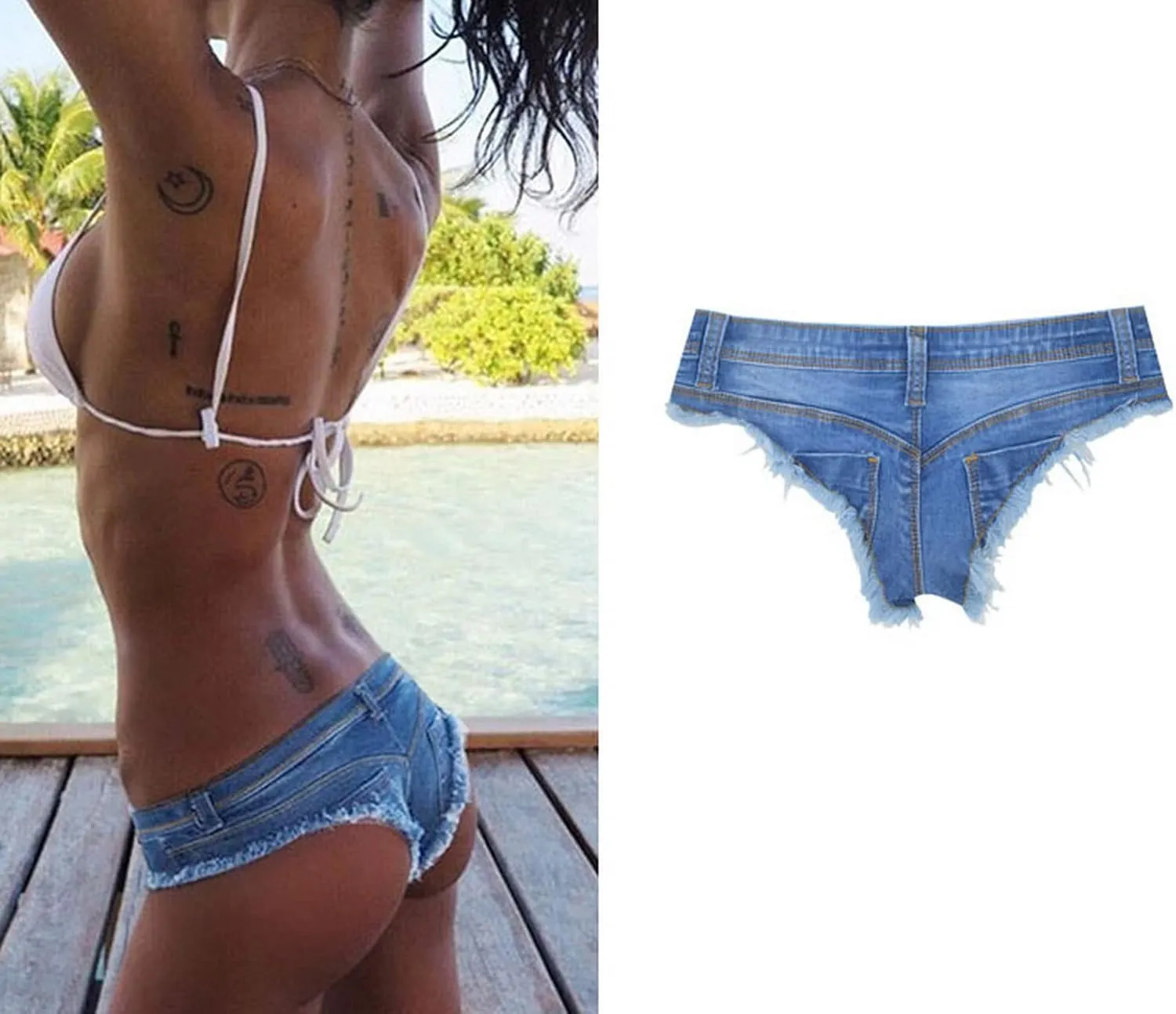 Women's Low Rise Stretch Denim Bra Chain Briefs Party Girls Hot Pants