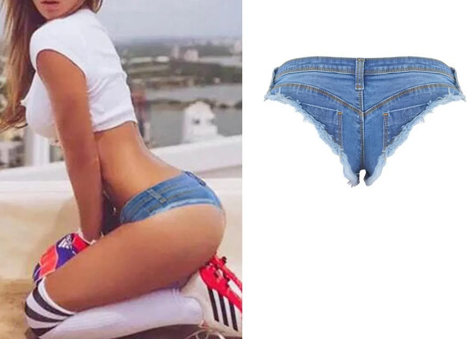 Women's Low Rise Stretch Denim Bra Chain Briefs Party Girls Hot Pants