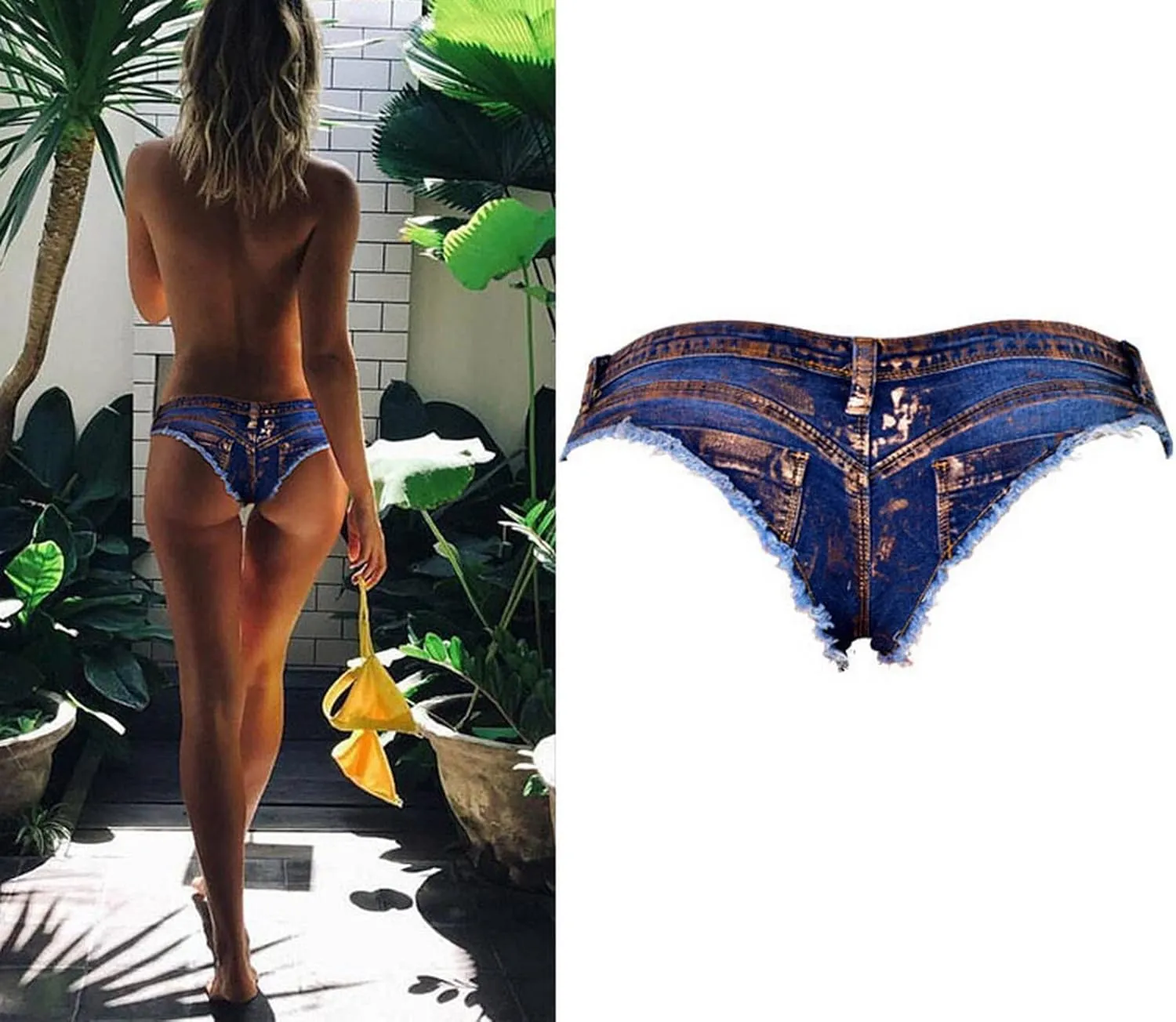 Women's Low Rise Stretch Denim Bra Chain Briefs Party Girls Hot Pants