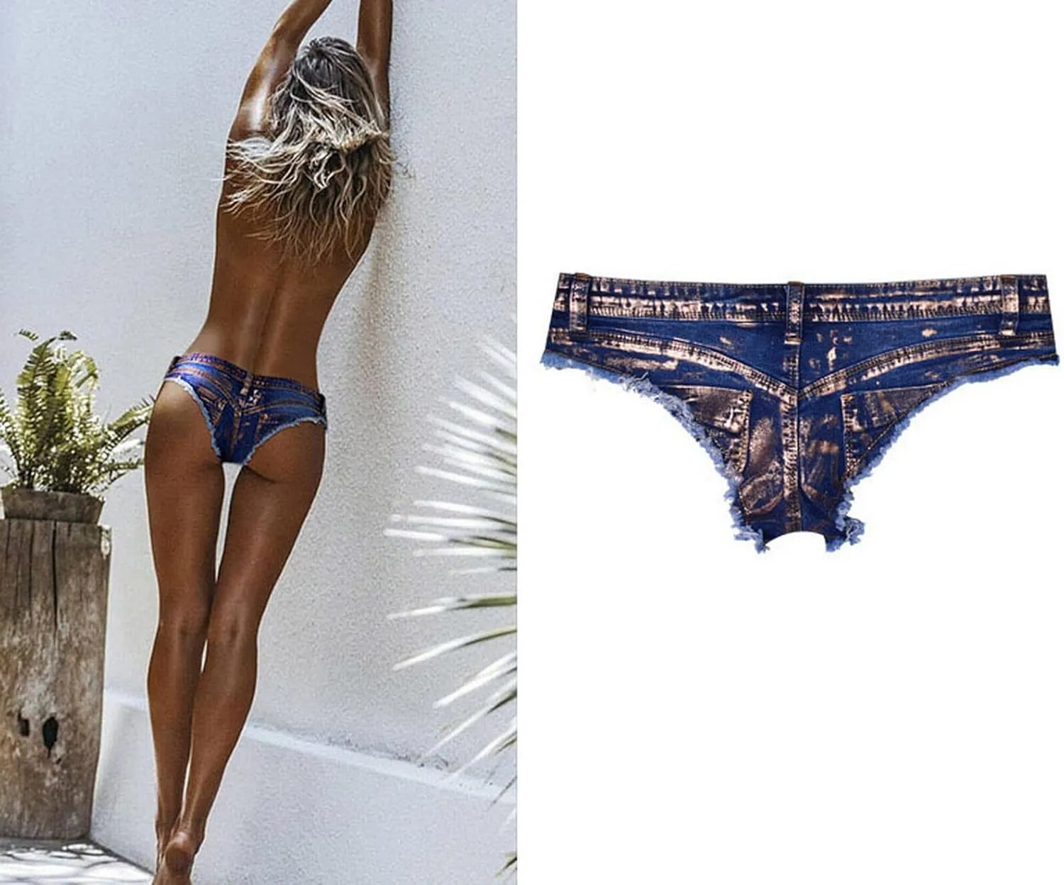 Women's Low Rise Stretch Denim Bra Chain Briefs Party Girls Hot Pants