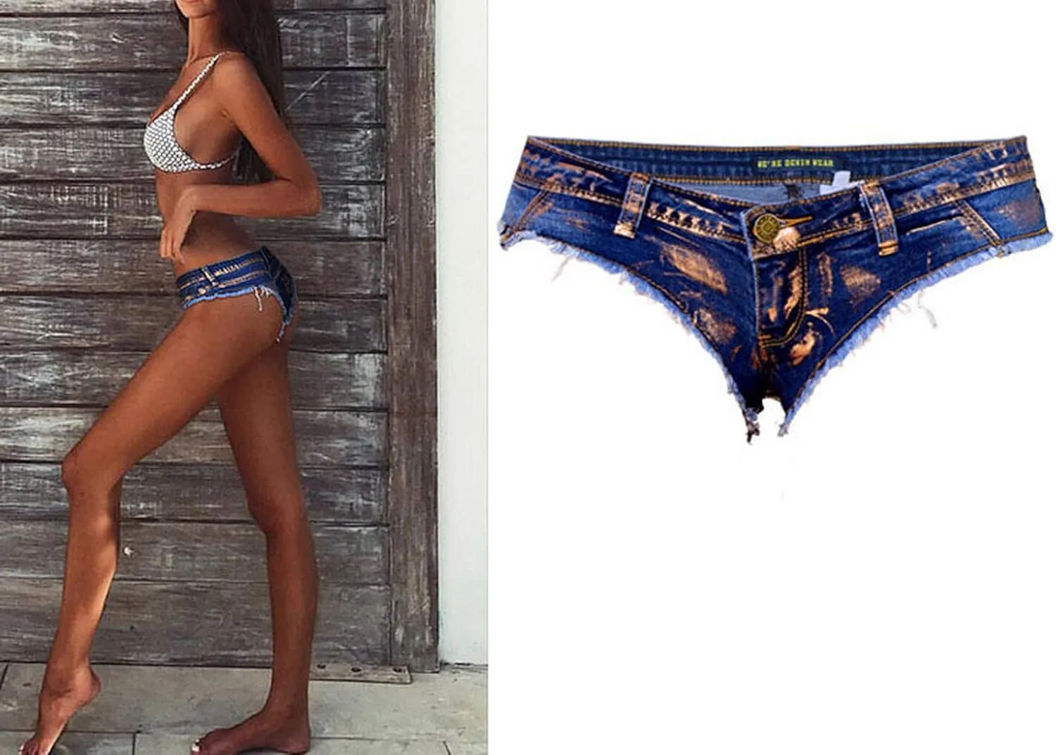 Women's Low Rise Stretch Denim Bra Chain Briefs Party Girls Hot Pants