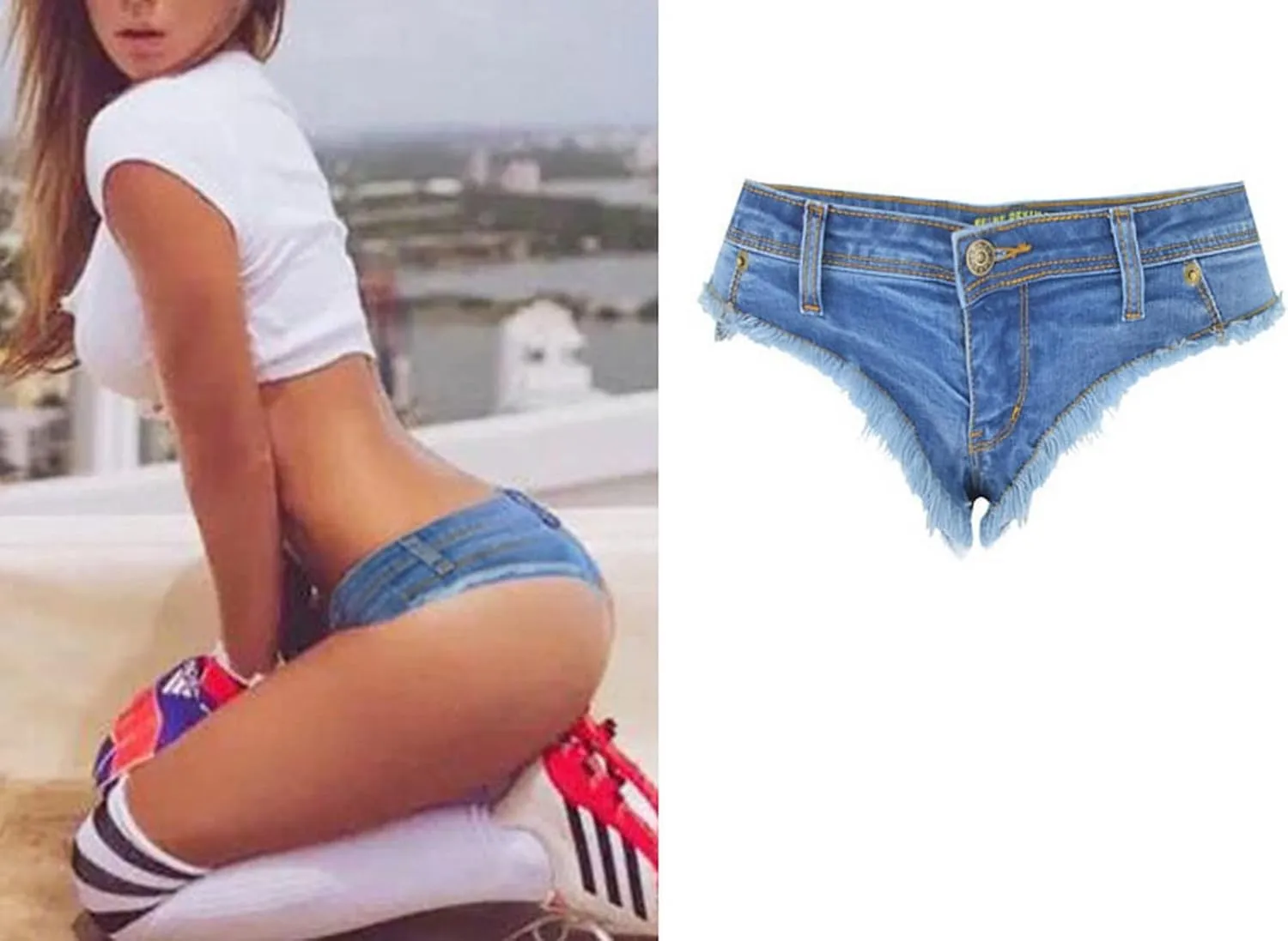 Women's Low Rise Stretch Denim Bra Chain Briefs Party Girls Hot Pants