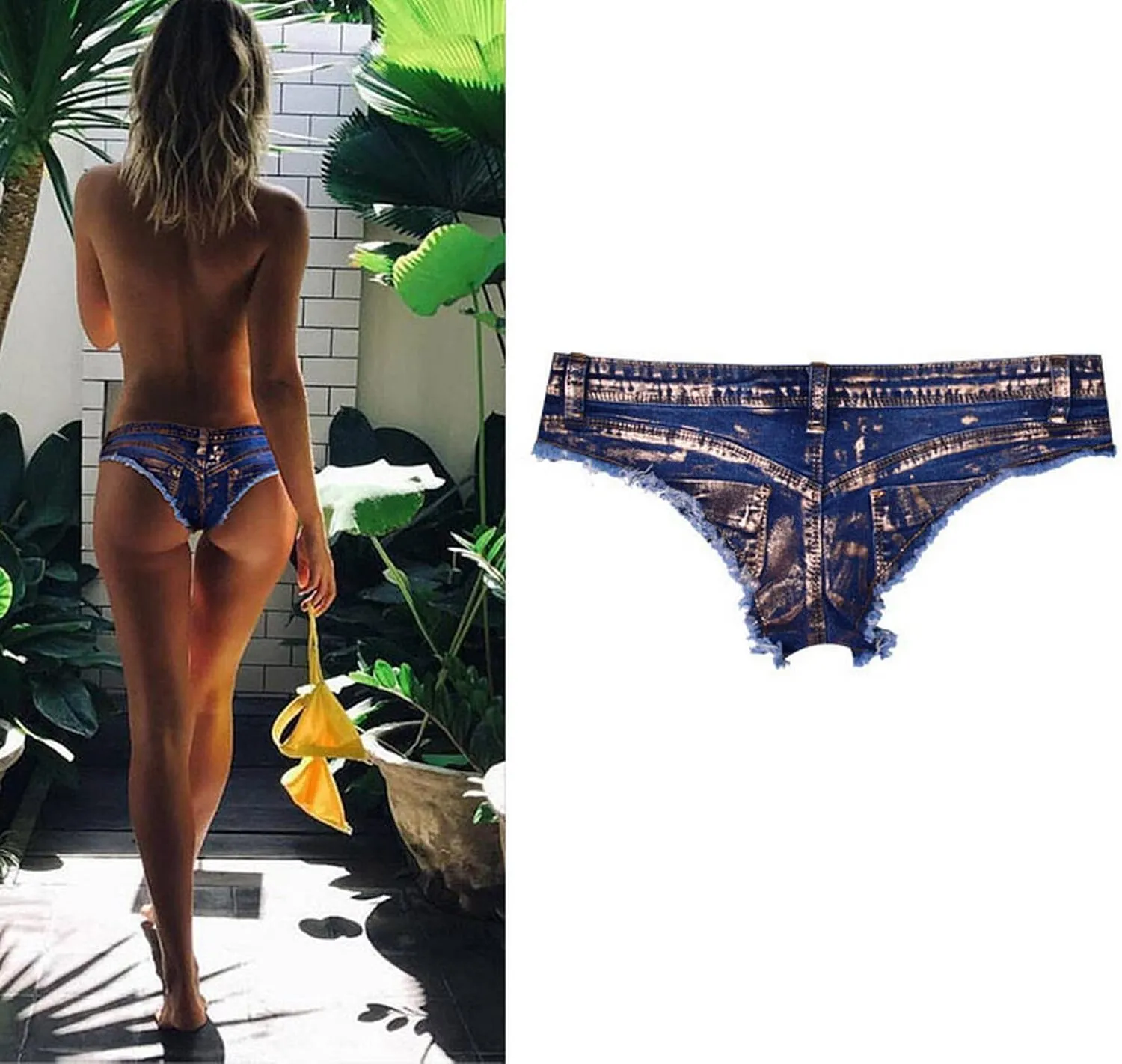 Women's Low Rise Stretch Denim Bra Chain Briefs Party Girls Hot Pants