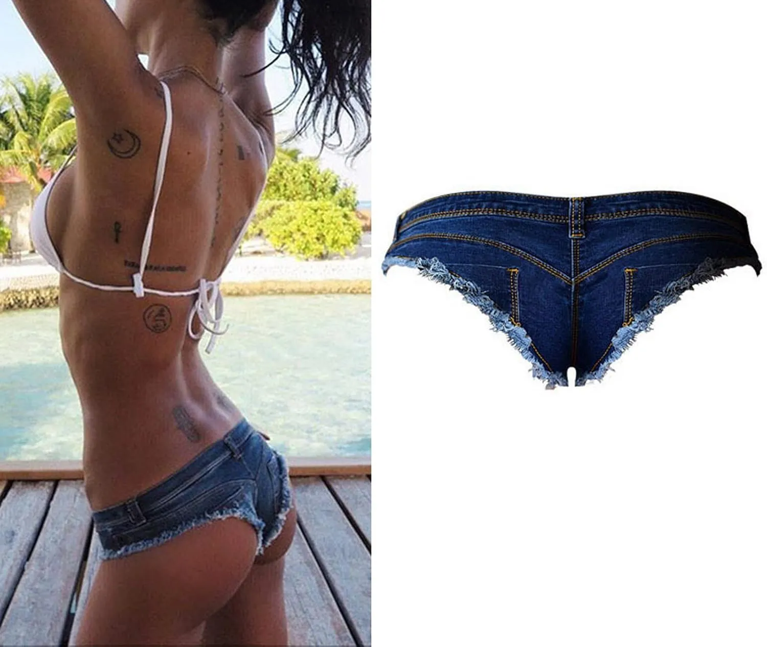 Women's Low Rise Stretch Denim Bra Chain Briefs Party Girls Hot Pants