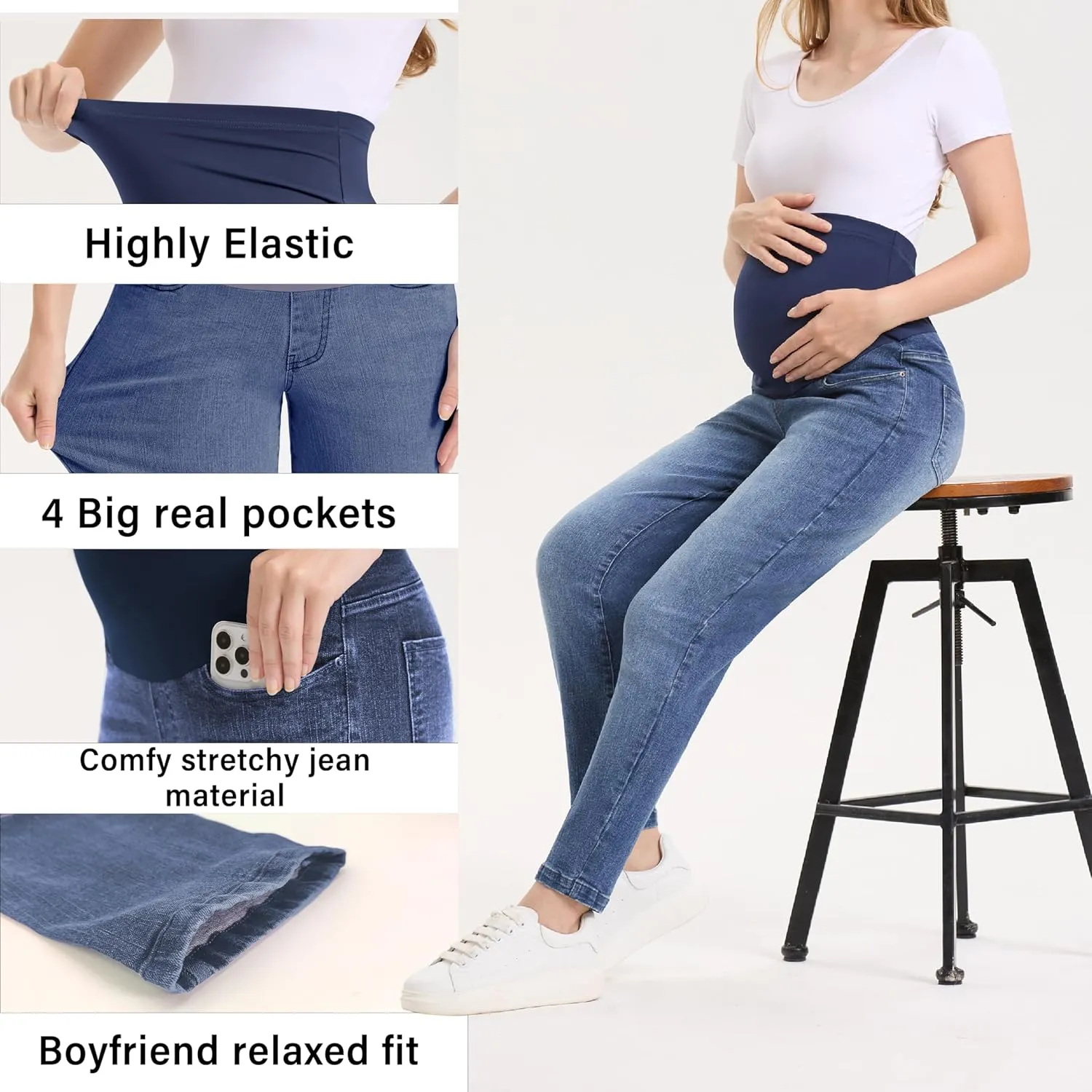 Women's Maternity Boyfriend Jeans Over Belly Stretch Denim Pregnancy Trendy Pants