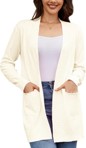 Women's Open Front Cardigan with Pockets Long Sleeve Casual Knit Sweaters