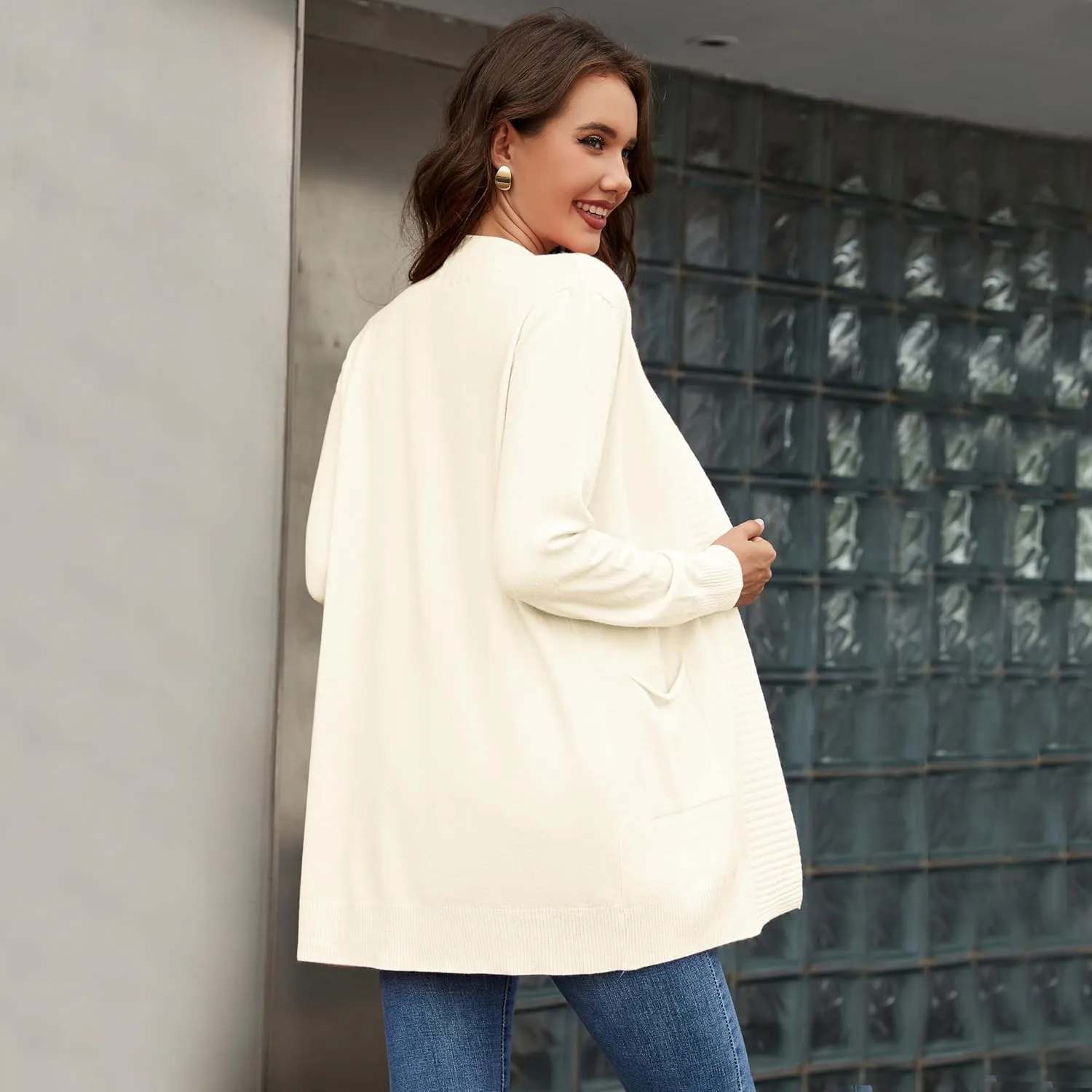 Women's Open Front Cardigan with Pockets Long Sleeve Casual Knit Sweaters