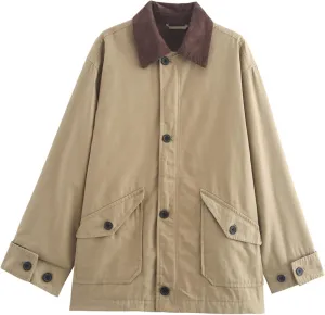 Womens Oversized Barn Jacket Button Down Canvas Jacket Corduroy Lapel Collar Fall Fashion 2024 Trendy Outwear